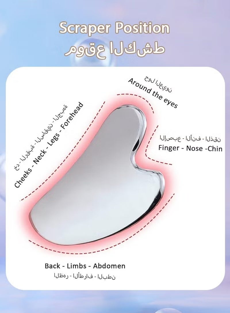 ULIOVA أداة جوا شا للوجه من الفولاذ المقاوم للصدأ، مقشرة تدليك للجسم كله لتشديد البشرة واسترخاء العضلات، جهاز جمال للعين والرقبة والوجه مع كيس سفر، لون فضي - Image 5